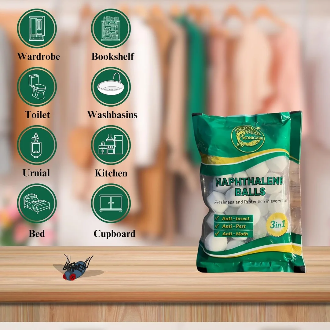 Monicare Naphthalene Balls White 100gm Kapoor Goli |Stain-Free Insect Repellent Mothballs for Wardrobe, Almirah, Drawers, Bookshelves, Commercial Use India image 3