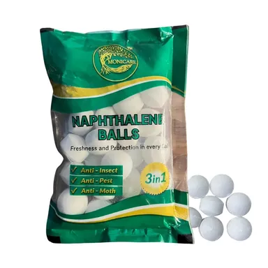 Monicare Naphthalene Balls White 100gm Kapoor Goli |Stain-Free Insect Repellent Mothballs for Wardrobe, Almirah, Drawers, Bookshelves, Commercial Use India thumbnail 0