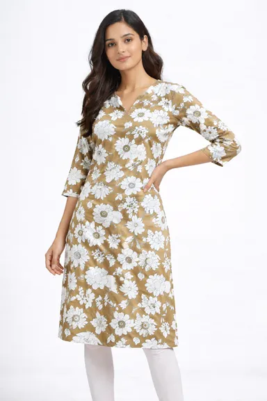 Women Printed Cotton Kurti | Round Neck 3/4 Sleeve Stylish Casual Kurti for Daily Wear thumbnail 0