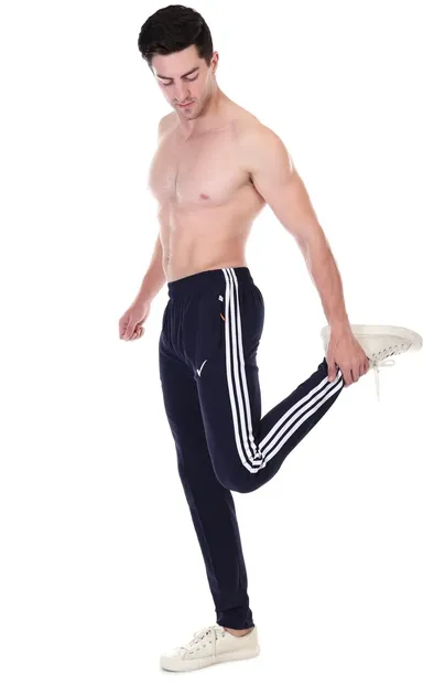 Linesports Men Black Track Pants Solid Athletic Fit Lightweight Breathable Polyester Cotton Blend Gym Sports Casual Wear India navy blue   34 thumbnail 3