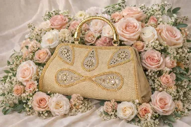 Golden Women Party Clutch Bag with Chain Strap Premium PU Leather Evening Handbag Small Sling Purse for Wedding Festival Bridal Function Stylish Gold Hand Bag India thumbnail 1