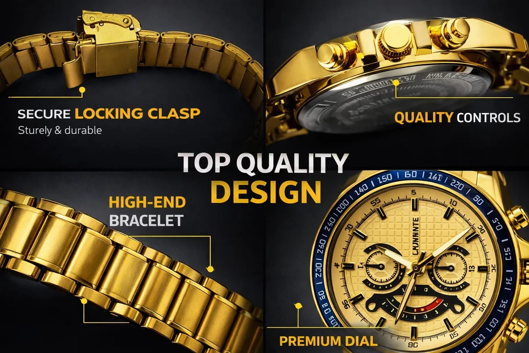 Marten Golden Analog Quartz Watch for Men Stainless Steel Strap Luxury Gold Dial Water Resistant Casual Formal Wrist Watch India Premium Gift image 3