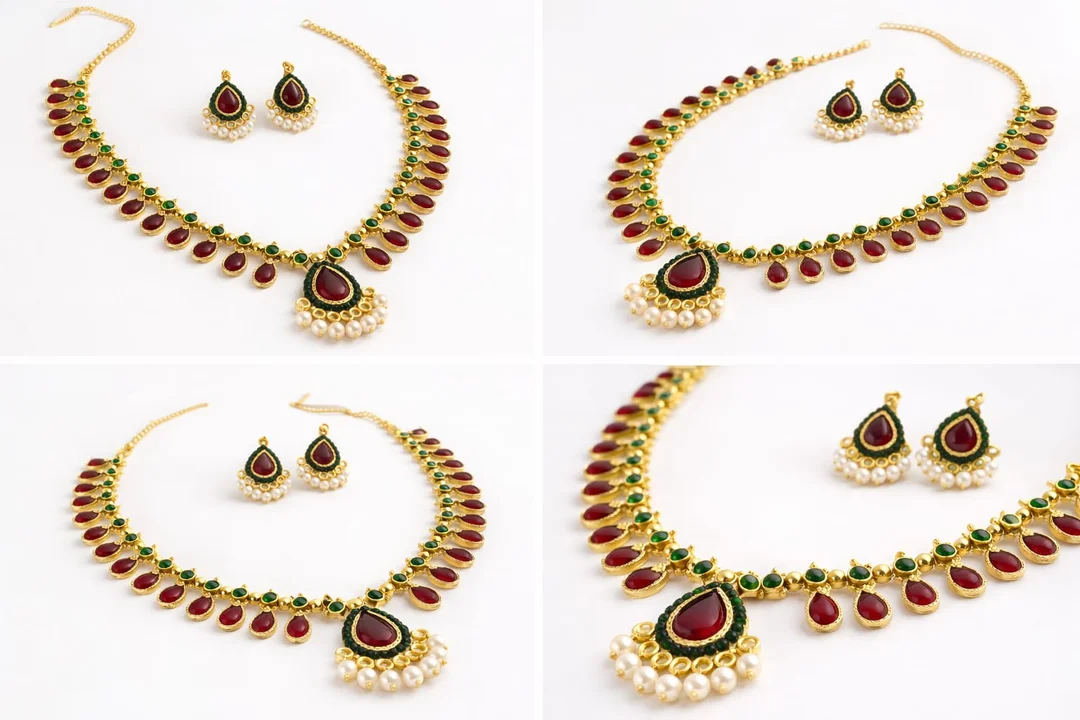 Ruby Emerald Gold Jewellery Set for Women Bridal Wedding Necklace Set with Earrings Traditional Temple Design Red Green Stones Party Wear Indian Jewellery Gift Set image 2