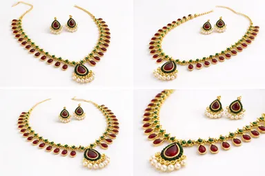Ruby Emerald Gold Jewellery Set for Women Bridal Wedding Necklace Set with Earrings Traditional Temple Design Red Green Stones Party Wear Indian Jewellery Gift Set thumbnail 1