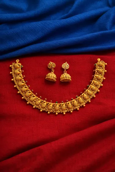 Designer Net Jewellery Set for Women Bridal Wedding Party Wear Necklace Earrings Set Gold Plated Kundan Pearl Choker Traditional Ethnic Indian Jewellery Gift Set thumbnail 1