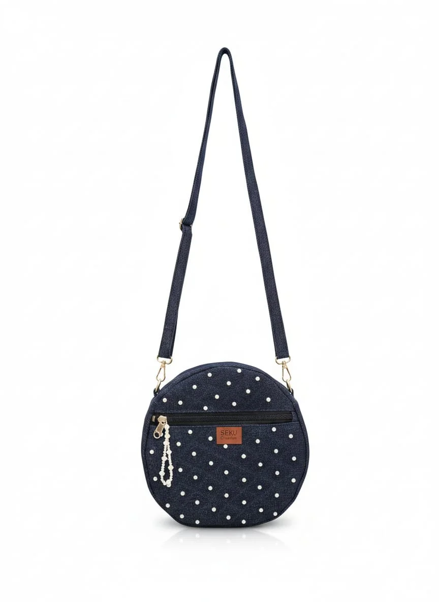 Chic Round Denim Sling Bag for Women Dark Blue Polka Dot Handcrafted Crossbody Bag Lightweight Casual Travel Shoulder Purse Stylish Girls Mini Sling Bag India image 1