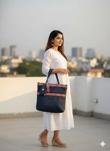 Embroidered Denim Tote Bag for Women Large Capacity Blue Cotton Canvas Shoulder Handbag Reusable Shopping Bag Casual Office College Travel Eco Friendly Durable Stylish Tote India thumbnail 1