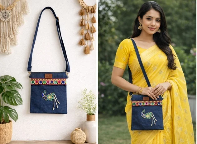 Mayura Handcrafted Ethnic Sling Bag for Women with Peacock Design Embroidery Cotton Fabric Crossbody Bag Traditional Indian Handbag Blue Boho Stylish Daily Use Travel Bag image 1