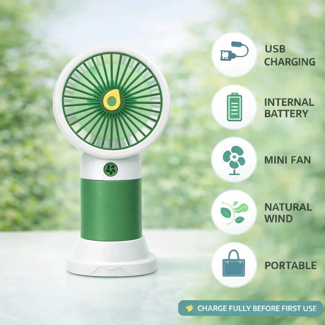 Meetul Enterprise USB Rechargeable Mini Handheld Fan with Detachable Base Portable Personal Cooling Fan Green White Travel Desk Mini USB Fan image 3