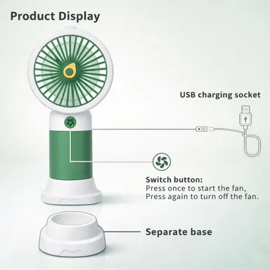 Meetul Enterprise USB Rechargeable Mini Handheld Fan with Detachable Base Portable Personal Cooling Fan Green White Travel Desk Mini USB Fan thumbnail 3