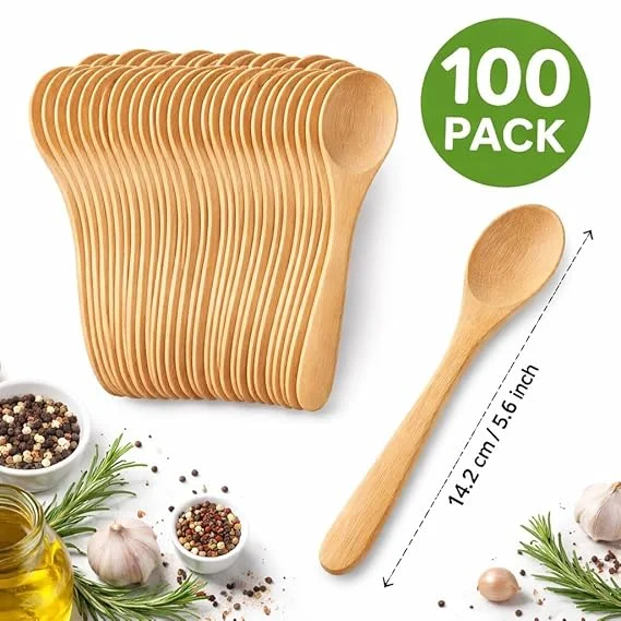 Disposable Wooden Spoons 6 Inch 142mm Eco Friendly Biodegradable Wooden Cutlery Pack of 100 Heavy Duty Stylish Party Catering Daily Use image 2