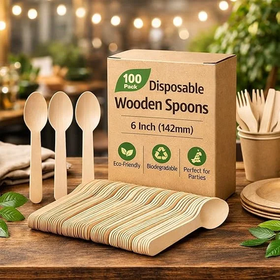 Disposable Wooden Spoons 6 Inch 142mm Eco Friendly Biodegradable Wooden Cutlery Pack of 100 Heavy Duty Stylish Party Catering Daily Use image 3