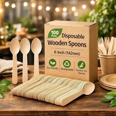 Disposable Wooden Spoons 6 Inch 142mm Eco Friendly Biodegradable Wooden Cutlery Pack of 100 Heavy Duty Stylish Party Catering Daily Use thumbnail 2