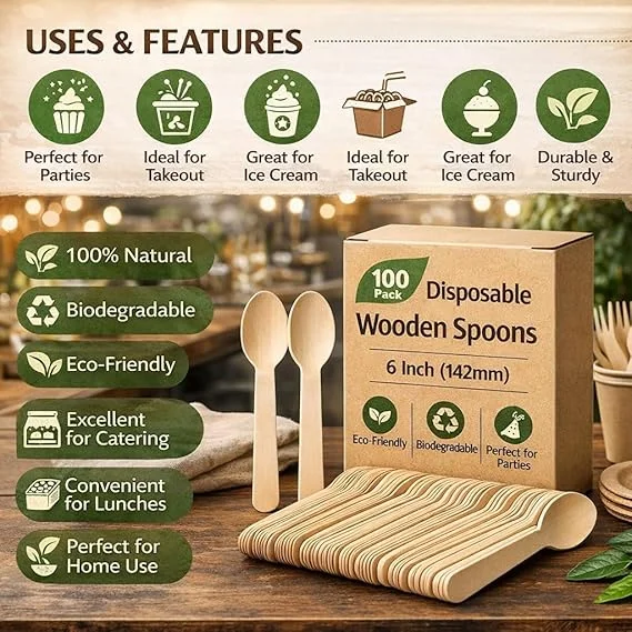 Disposable Wooden Spoons 6 Inch 142mm Eco Friendly Biodegradable Wooden Cutlery Pack of 100 Heavy Duty Stylish Party Catering Daily Use image 4