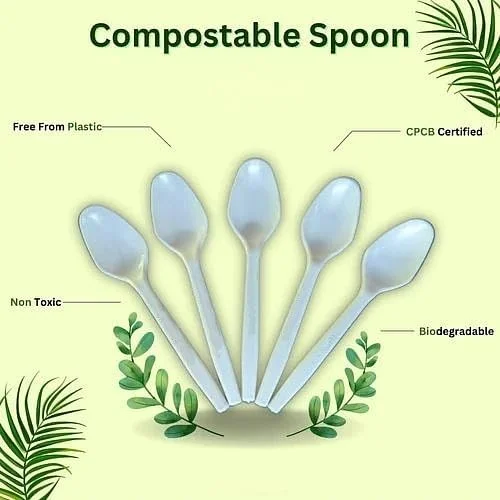 Eco-Friendly Compostable Cornstarch Premium White Spoon 6 Inch 100 Pcs Pack Biodegradable Plastic-Free Disposable Cutlery for Party Catering Home Food Service Use image 3