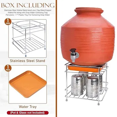 Stainless Steel Heavy Duty Matka Stand with Bottom Tray Rust Resistant Water Pot Stand Round Surface Space Saving Kitchen Water Dispenser Stand Multipurpose Rack for Home Storage thumbnail 1