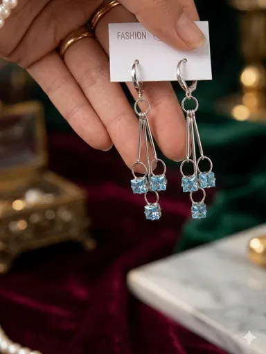 Silver Tone Dangle Drop Earrings for Women with Light Blue Cubic Zirconia White Zircon Alloy Stud Elegant Party Wear Daily Wear Jewellery Gift for Girls and Women thumbnail 2