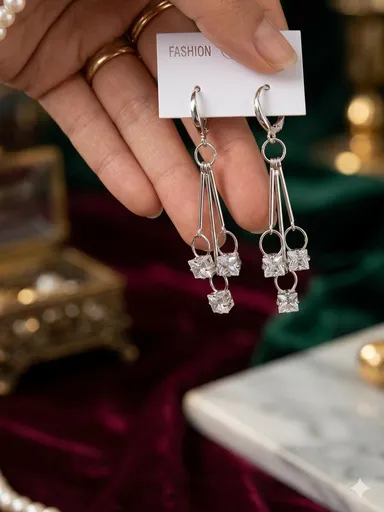 Silver Tone Dangle Drop Earrings for Women with Light Blue Cubic Zirconia White Zircon Alloy Stud Elegant Party Wear Daily Wear Jewellery Gift for Girls and Women thumbnail 4