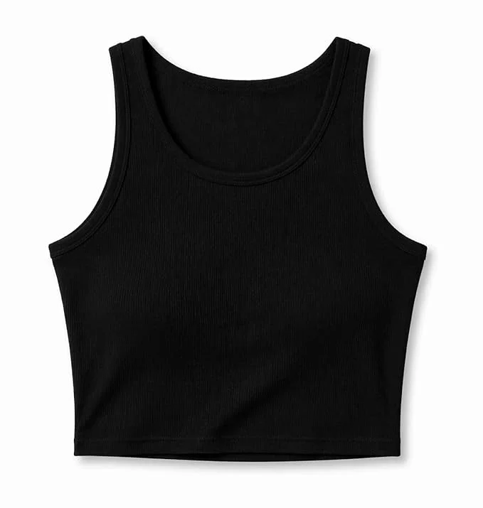 Women Solid Ribbed Crop Tank Top Stretch Slim Fit Sleeveless Cotton Blend Casual Summer Wear Crop Camisole Top for Gym Yoga Lounge Everyday Fashion India Black M image 3