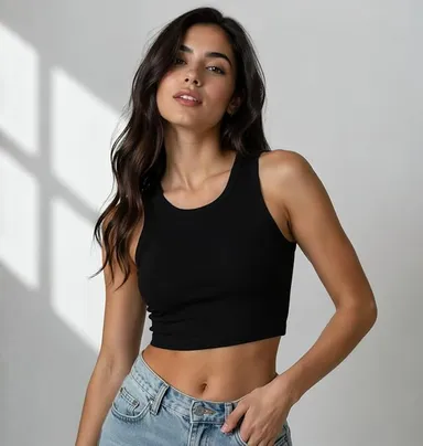 Women Solid Ribbed Crop Tank Top Stretch Slim Fit Sleeveless Cotton Blend Casual Summer Wear Crop Camisole Top for Gym Yoga Lounge Everyday Fashion India  Black XL thumbnail 1