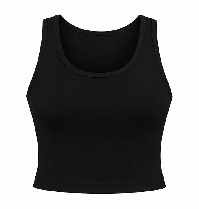 Women Solid Ribbed Crop Tank Top Stretch Slim Fit Sleeveless Cotton Blend Casual Summer Wear Crop Camisole Top for Gym Yoga Lounge Everyday Fashion India Black XXL image 1