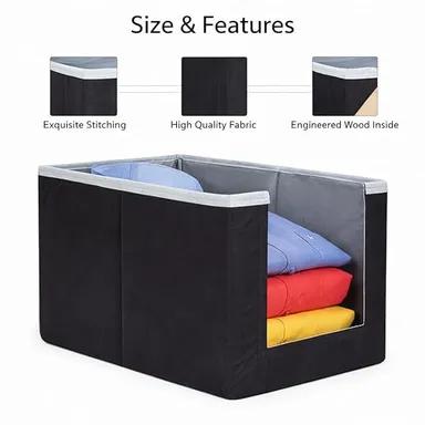 Foldable Wardrobe Storage Box Set of 3 with Transparent Window Black 35x25x25 cm Stackable Fabric Clothes Organizer with Wooden Frame Support Dustproof Storage Bins for Sarees Shirts Wardrobe Closet Organisation India thumbnail 2