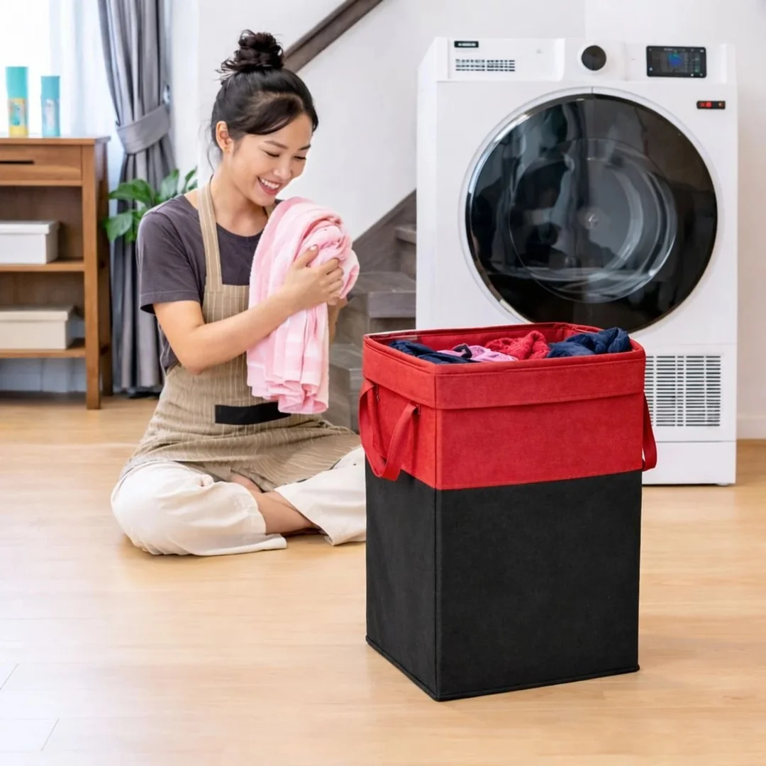 Swiftfold 75L Foldable Laundry Basket Red Black Canvas Non-Woven Clothes Storage Bin Large Capacity Dirty Clothes Organizer with Handles Collapsible Washing Basket for Home Bathroom Bedroom image 2