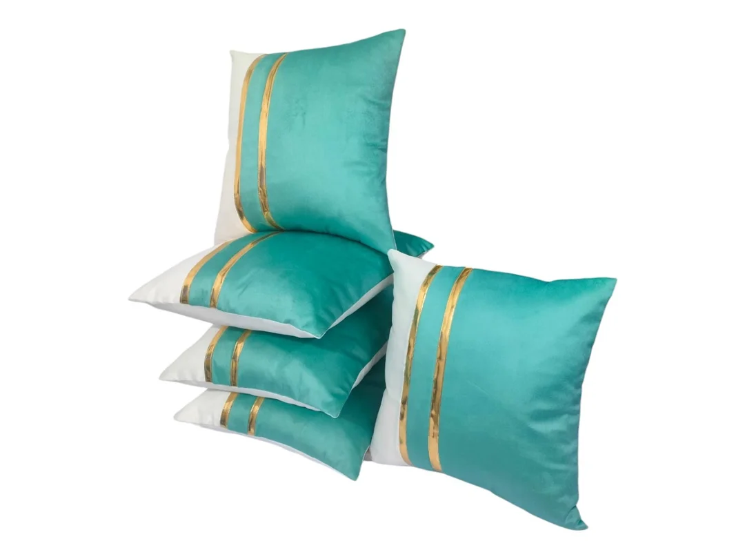 Aqua Velvet Cushion Cover Set of 5 with Gold Stripe Designer Pattern – Zikrak Home Luxury Sofa Pillow Covers Soft Plush Decorative Cushions for Living Room Bedroom Home Decor India image 2