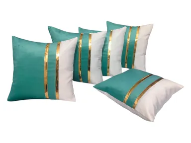 Aqua Velvet Cushion Cover Set of 5 with Gold Stripe Designer Pattern – Zikrak Home Luxury Sofa Pillow Covers Soft Plush Decorative Cushions for Living Room Bedroom Home Decor India thumbnail 0