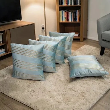 Zikrak Aqua Velvet Cushion Cover Set of 5 with Gold Stripe Design Premium Sofa Pillow Covers Soft Luxury Decorative Cushions for Living Room Bedroom Home Décor India thumbnail 1