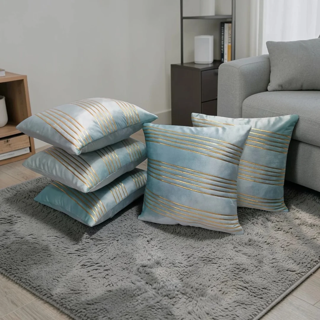 Zikrak Aqua Velvet Cushion Cover Set of 5 with Gold Stripe Design Premium Sofa Pillow Covers Soft Luxury Decorative Cushions for Living Room Bedroom Home Décor India image 1