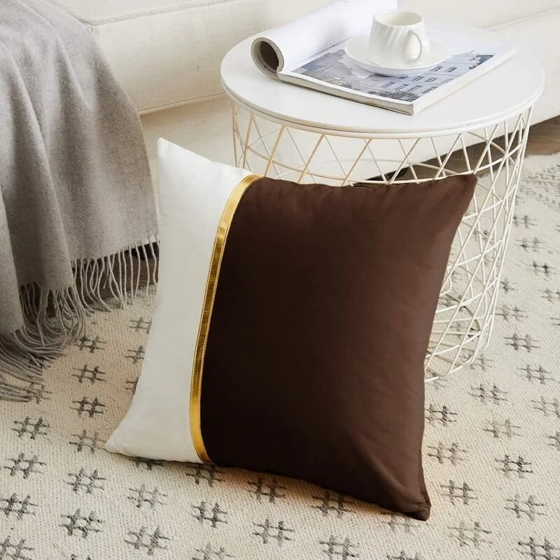 Brown & White Velvet Cushion Covers with Golden Stripe Pack of 2 Luxury Sofa Throw Pillow Covers Designer Home Decor Zikrak Home India Premium image 2