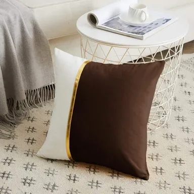 Brown & White Velvet Cushion Covers with Golden Stripe Pack of 2 Luxury Sofa Throw Pillow Covers Designer Home Decor Zikrak Home India Premium thumbnail 1