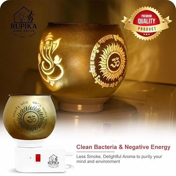 RUPIKA Electric Ceramic Kapoor Dani Aroma Diffuser Incense Burner with Night Lamp Golden Multipurpose Camphor Burner for Home Temple Office Meditation Aromatherapy Use image 2