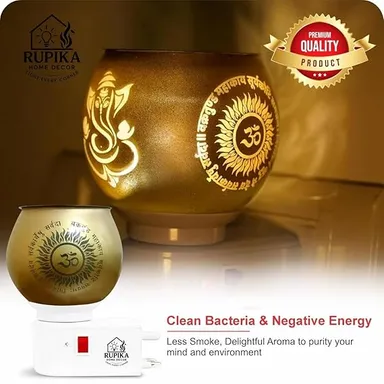 RUPIKA Electric Ceramic Kapoor Dani Aroma Diffuser Incense Burner with Night Lamp Golden Multipurpose Camphor Burner for Home Temple Office Meditation Aromatherapy Use thumbnail 1