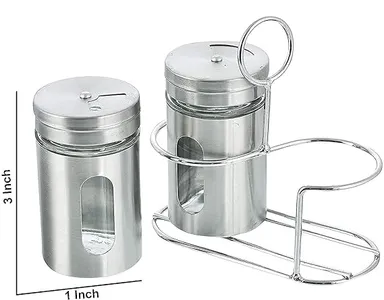 RUPIKA Namak Dani Stainless Steel & Glass Spice Jar Set with Holder Stand Salt Pepper Oregano Chilli Flakes Sugar Masala Box Dabbi Set of 2 for Kitchen Dining Table Hotel Restaurant Use thumbnail 1