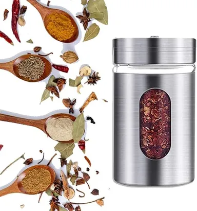 RUPIKA Namak Dani Stainless Steel & Glass Spice Jar Set with Holder Stand Salt Pepper Oregano Chilli Flakes Sugar Masala Box Dabbi Set of 2 for Kitchen Dining Table Hotel Restaurant Use thumbnail 2