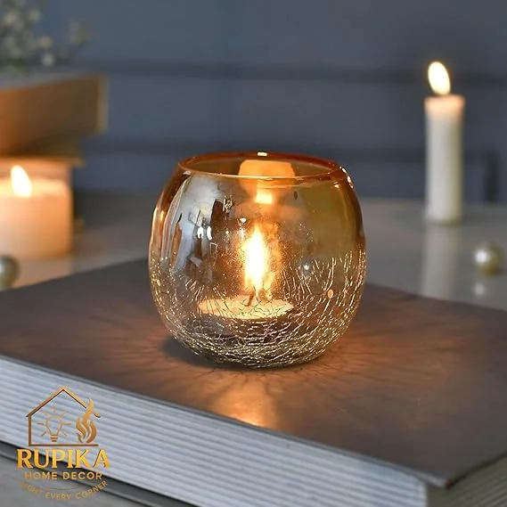 RUPIKA Set of 6 Yellow Crackle Glass Tealight Votive Candle Holders Decorative Candle Cups for Home Decor Festive Diwali Lighting Wedding Table Centrepiece Gift Use image 2