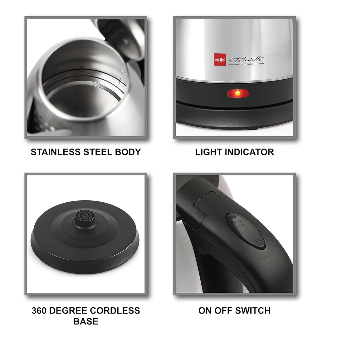 Cello 1.5L Quick Boil Electric Kettle Stainless Steel 1500W Auto Shut-Off 360° Base Water Boiler Silver | Fast Boiling Home Kitchen image 4