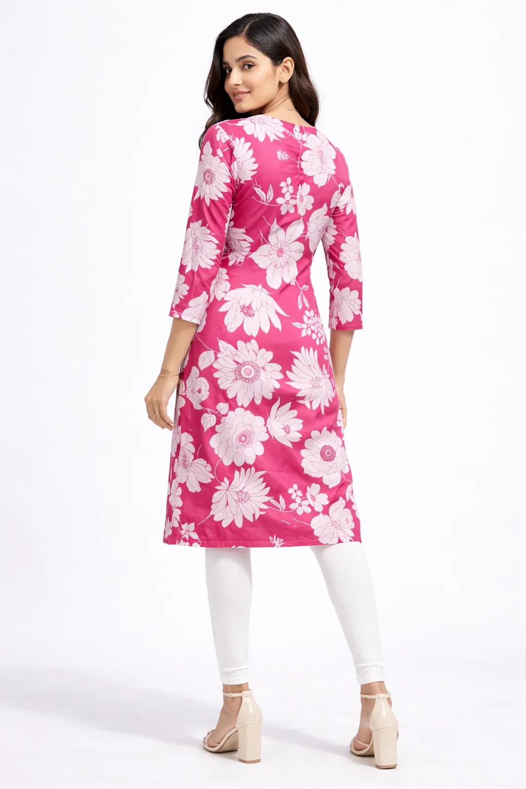 Women Floral Printed Straight Kurti Stylish Casual Wear Rayon Cotton Blend 3/4 Sleeve Knee Length Kurta for Daily Wear Office College Summer Ethnic Tunic Top Comfortable Indian Fashion Outfit image 2