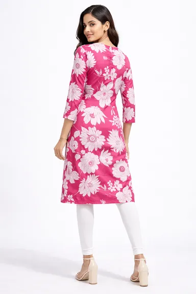 Women Floral Printed Straight Kurti Stylish Casual Wear Rayon Cotton Blend 3/4 Sleeve Knee Length Kurta for Daily Wear Office College Summer Ethnic Tunic Top Comfortable Indian Fashion Outfit thumbnail 1