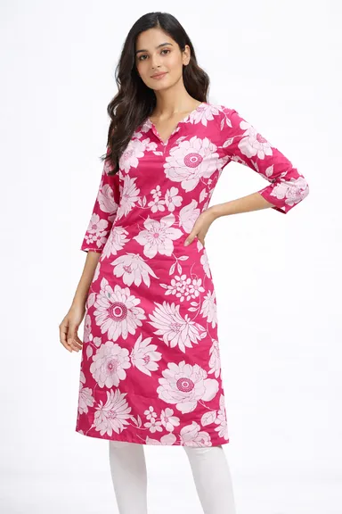 Women Floral Printed Straight Kurti Stylish Casual Wear Rayon Cotton Blend 3/4 Sleeve Knee Length Kurta for Daily Wear Office College Summer Ethnic Tunic Top Comfortable Indian Fashion Outfit thumbnail 0