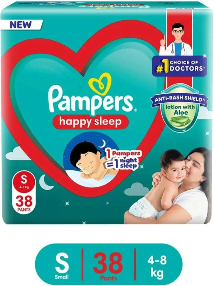 Pampers Happy Baby Diaper Pants Small Size S 38 Count Soft Stretch Disposable Baby Diapers with Leak Lock Aloe Vera Lotion Protection Rash Free Comfort Pants India image 1