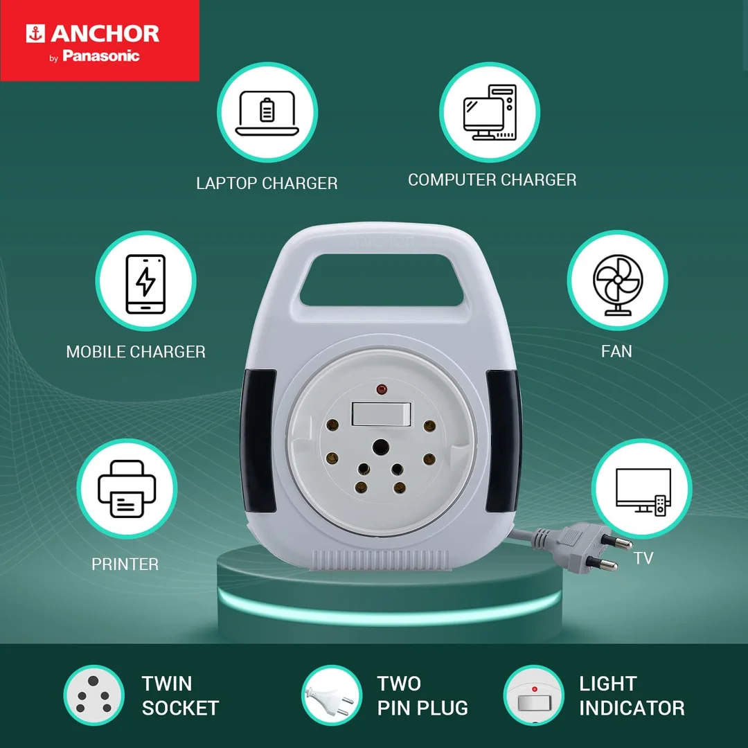 Anchor Panasonic 6A 2 Pin Extension Flex Box 4 Meter White with Indicator and Handle for Home and Office Appliances image 1