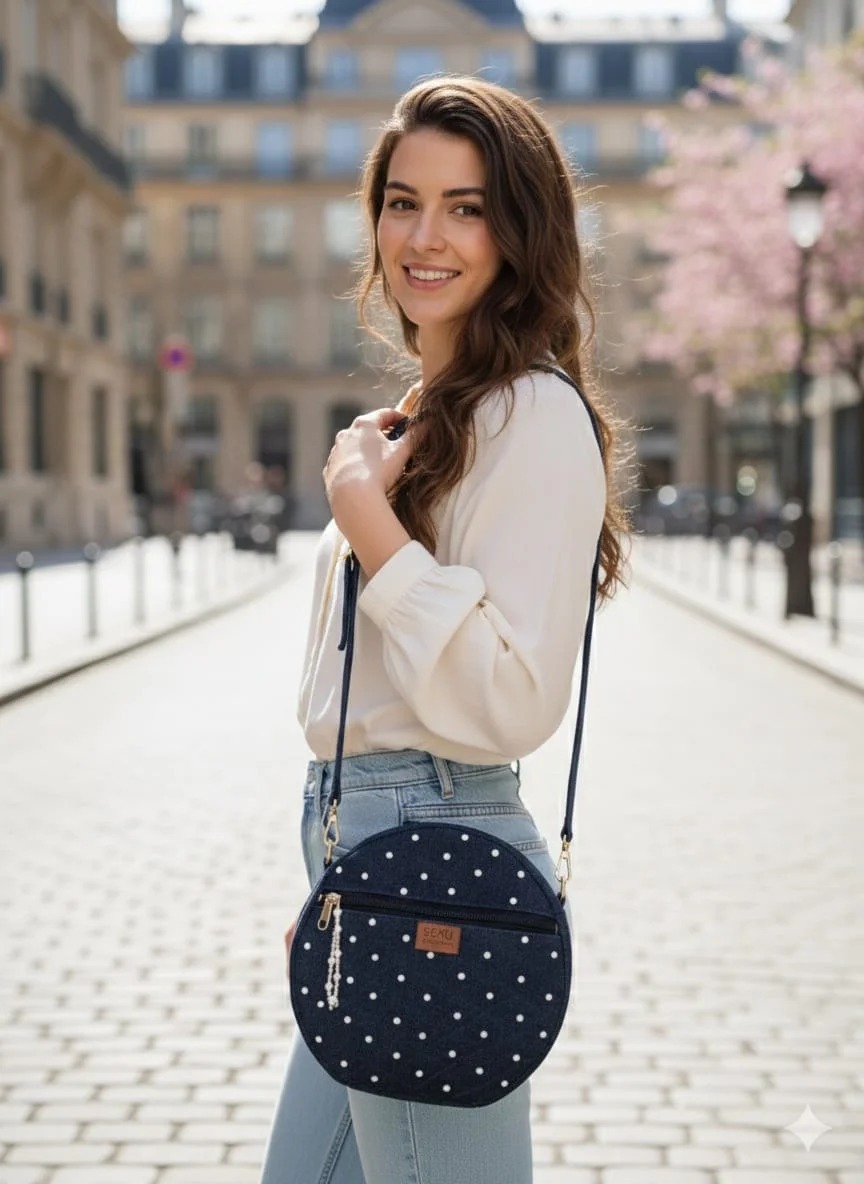 Round Denim Sling Bag for Women Polka Dot Pattern Crossbody Shoulder Bag with Adjustable Strap Lightweight Casual Daily Use Stylish Mini Handbag for Travel College and Office Wear image 2