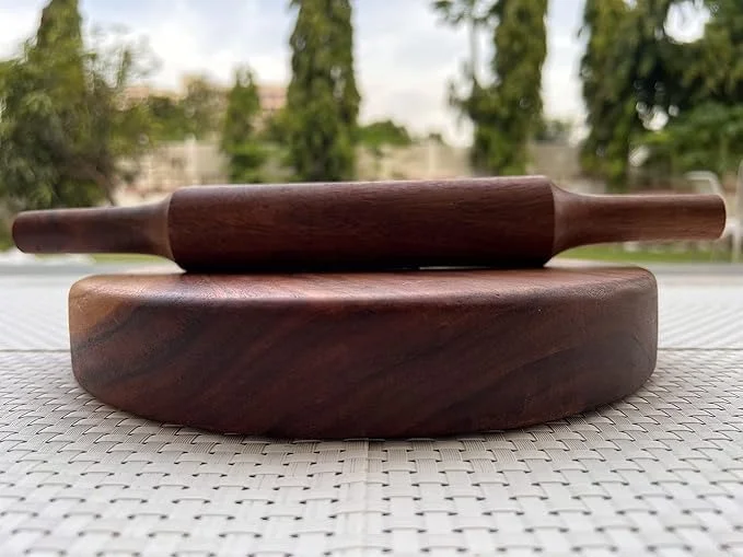 Global Wooden Rolling Pin with Round Base Traditional Kitchen Belan for Roti Chapati Paratha Baking Dough Roller Walnut Wood Walnut Brown Durable Handmade Kitchen Tool India image 2