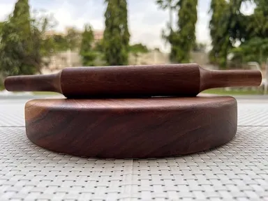 Global Wooden Rolling Pin with Round Base Traditional Kitchen Belan for Roti Chapati Paratha Baking Dough Roller Walnut Wood Walnut Brown Durable Handmade Kitchen Tool India thumbnail 1