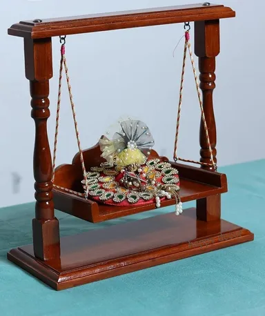 Wooden Laddu Gopal Jhula Shri Krishna Jhoola for Kanha Ji Idol Decorative Wooden Swing for Home Temple Mandir Puja Room Handmade Traditional Pooja Jhoola for Laddu Gopal Krishna Statue India thumbnail 1