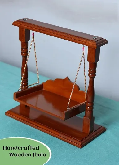 Wooden Laddu Gopal Jhula Shri Krishna Jhoola for Kanha Ji Idol Decorative Wooden Swing for Home Temple Mandir Puja Room Handmade Traditional Pooja Jhoola for Laddu Gopal Krishna Statue India thumbnail 4
