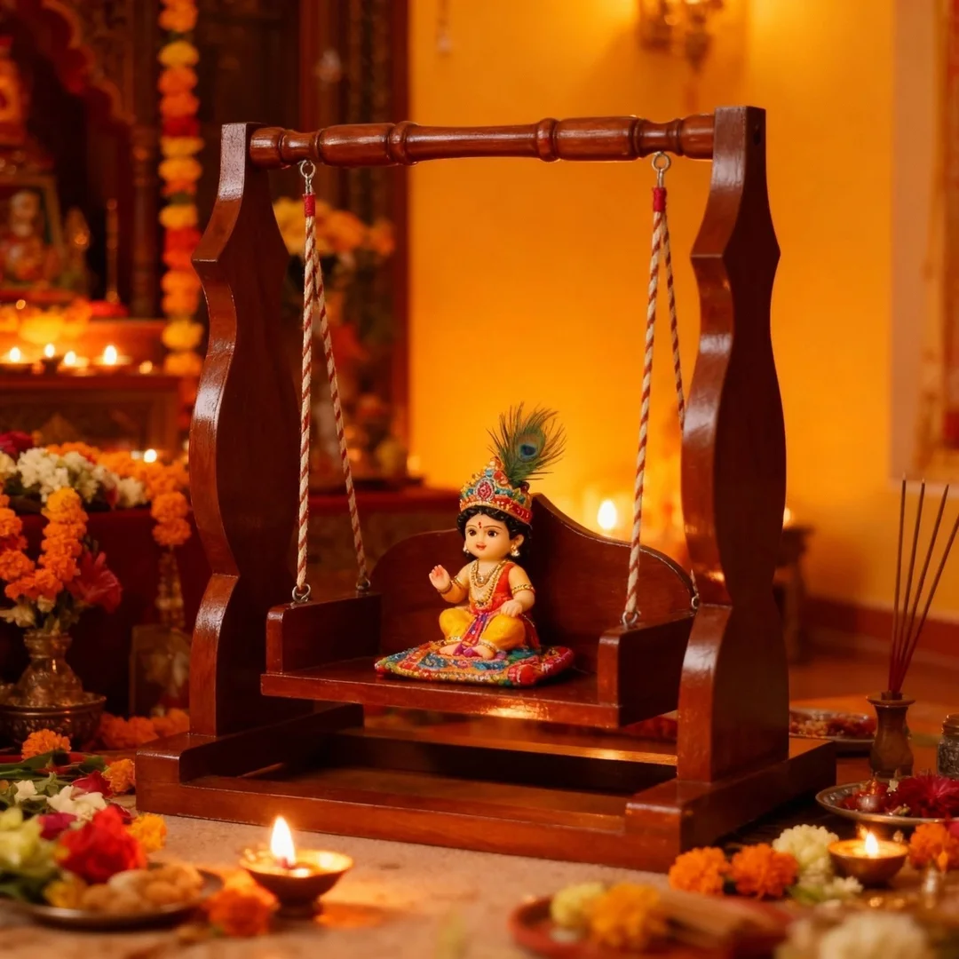 Wooden Laddu Gopal Jhula Shri Krishna Jhoola for Kanha Ji Idol Decorative Wooden Swing for Home Temple Mandir Puja Room Handmade Traditional Pooja Jhoola for Laddu Gopal Krishna Statue India image 6